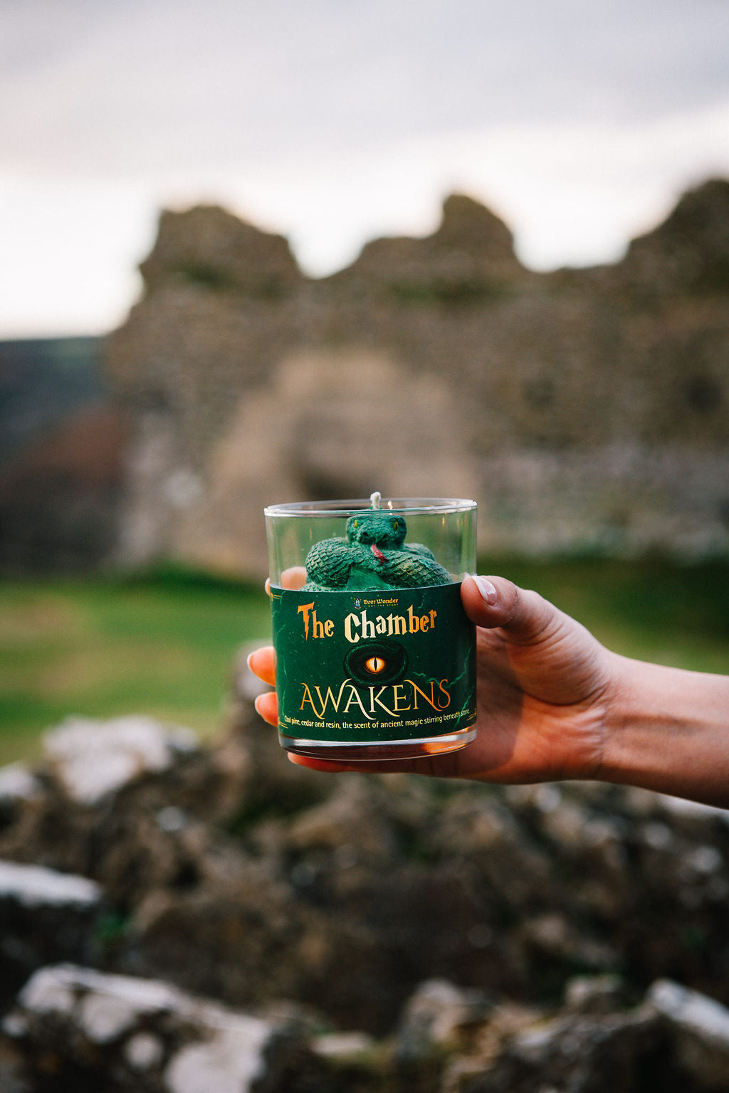 The Chamber Awakens cedarwood and pine wizard inspired candle in glass jar