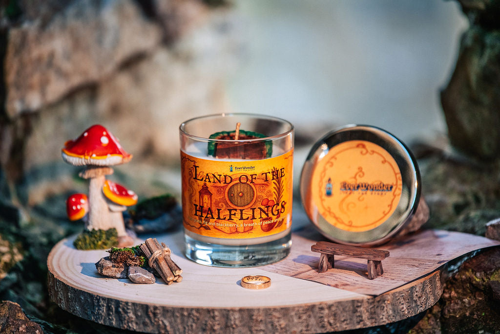 Land of the Halflings fantasy candle styled in woodland countryside environmen