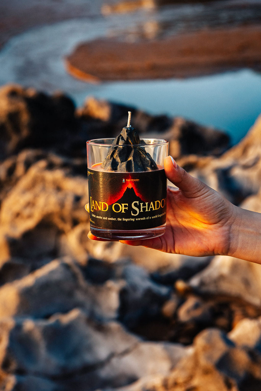 Volcanic fantasy candle inspired by dark lands of shadow with cedarwood smoke and amber fragrance