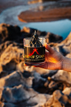 Volcanic fantasy candle inspired by dark lands of shadow with cedarwood smoke and amber fragrance